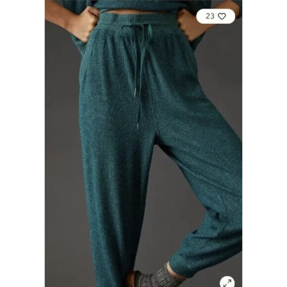 ANTHROPOLOGIE DAILY PRACTICE Mariah Harem Pants Forest Green Lounge Waffle Knit - Picture 2 of 13